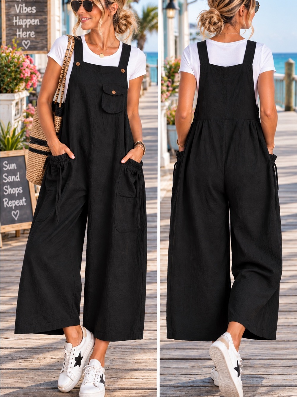 Evergreen Guardian Black Wide-Leg Pocket Overalls Jumpsuit